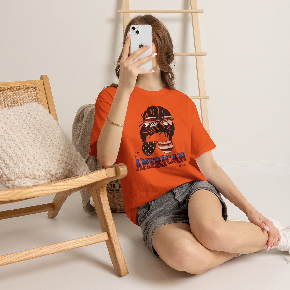 American Flag Messy Bun T-Shirt — "All American" Patriotic Tee