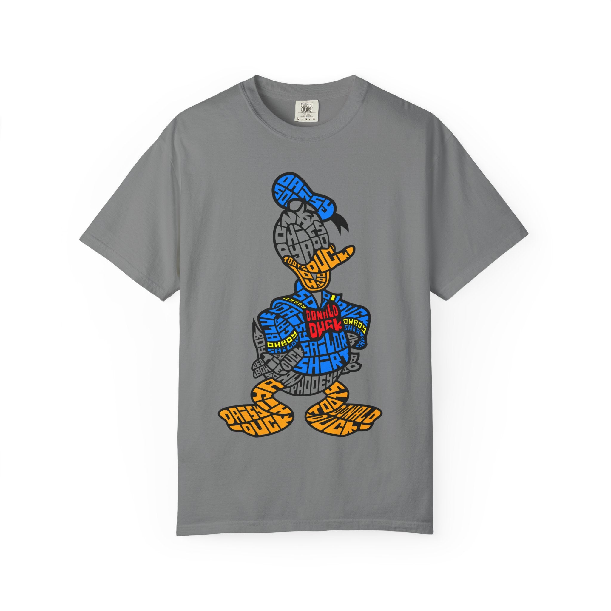 Graphic T‑Shirt — Colorblock Word Art Cartoon Duck Design