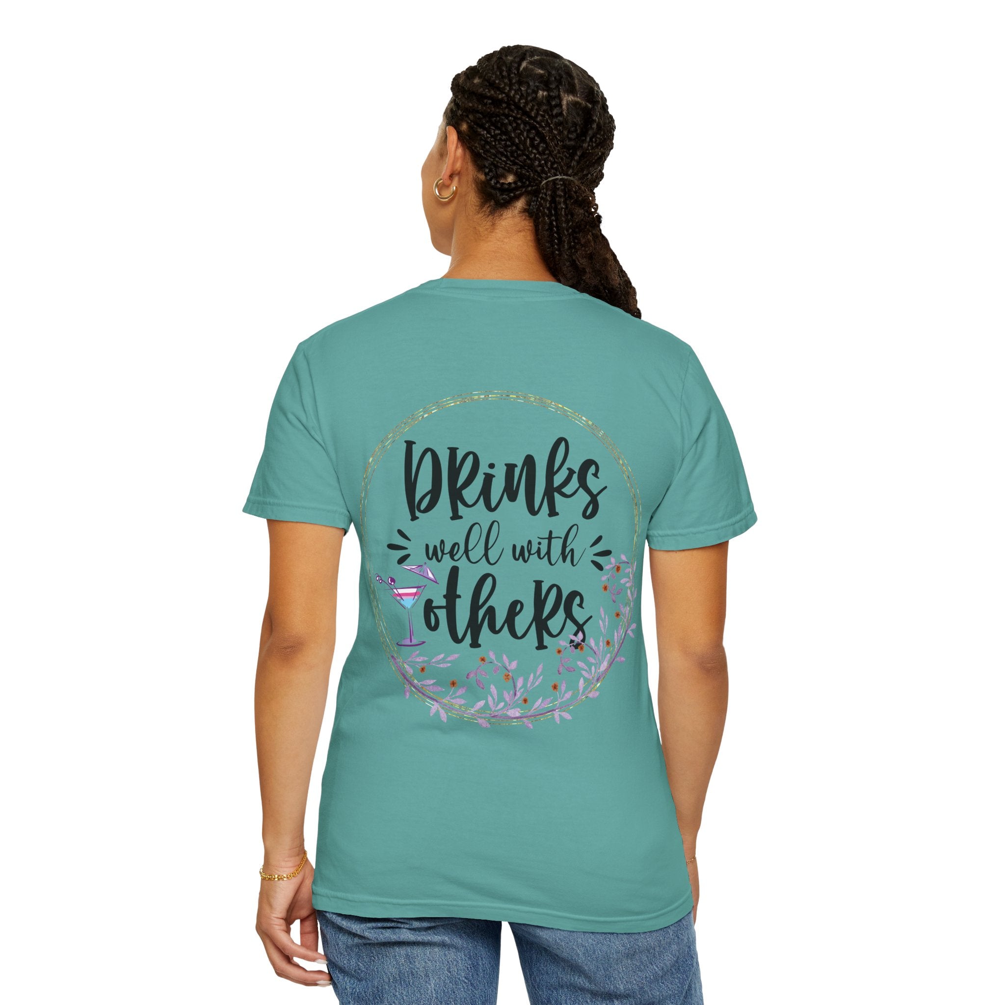 T-Shirt — "Drinks Well With Others" Floral Cocktail Graphic