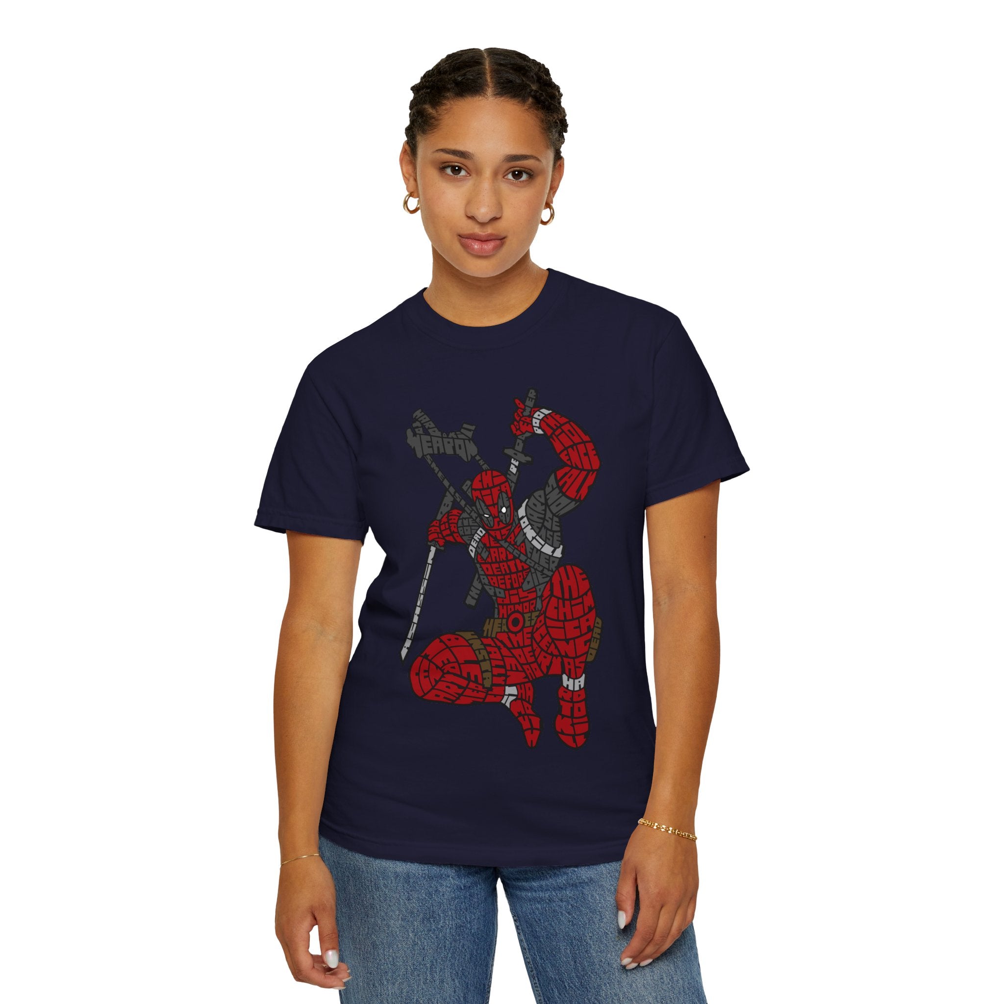 Graphic T-Shirt — Red Webbed Superhero Kneeling Illustration
