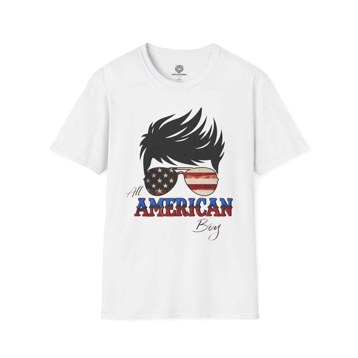 American Boy Graphic T-Shirt — Patriotic Sunglasses & Flag Hair Tee