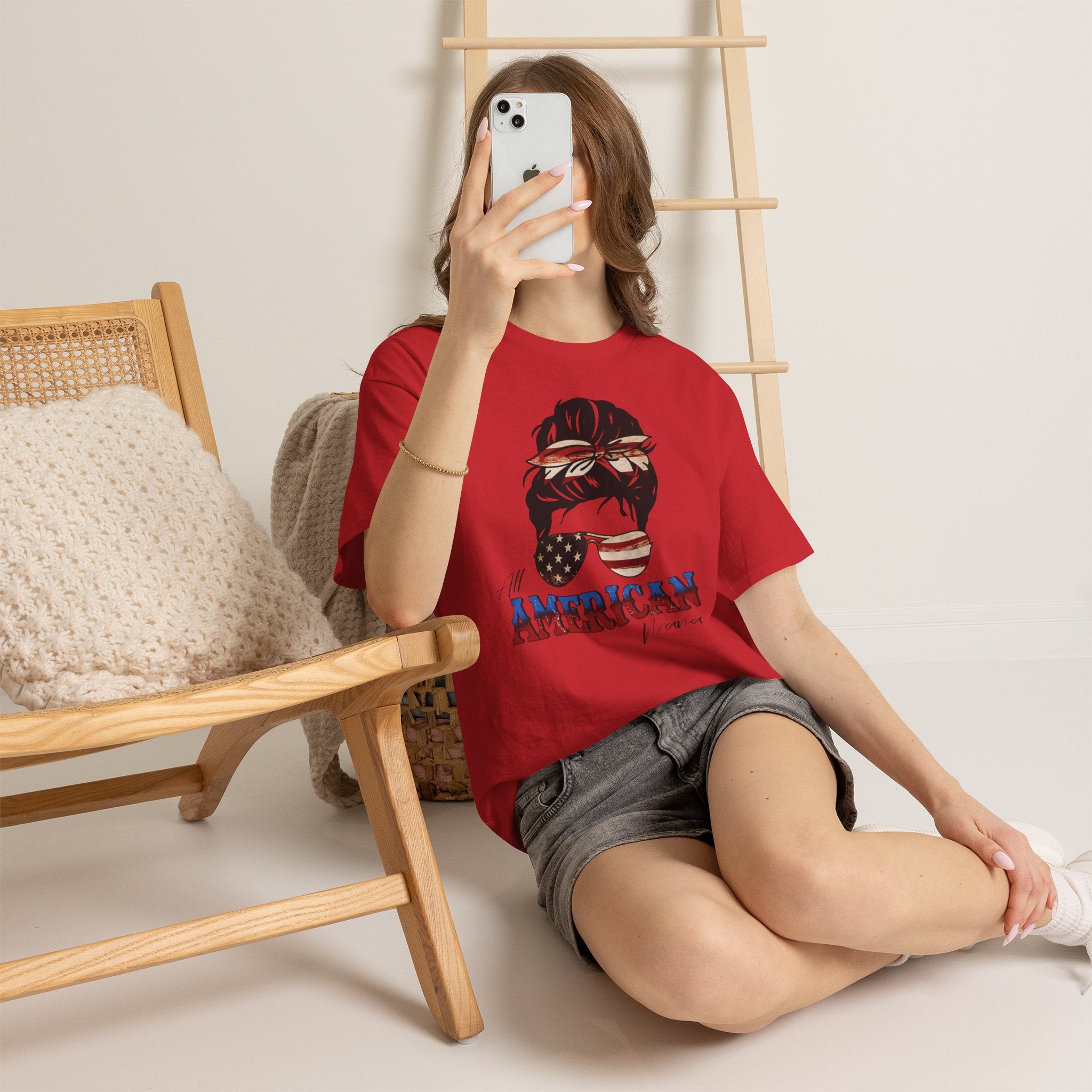 American Flag Messy Bun T-Shirt — "All American" Patriotic Tee