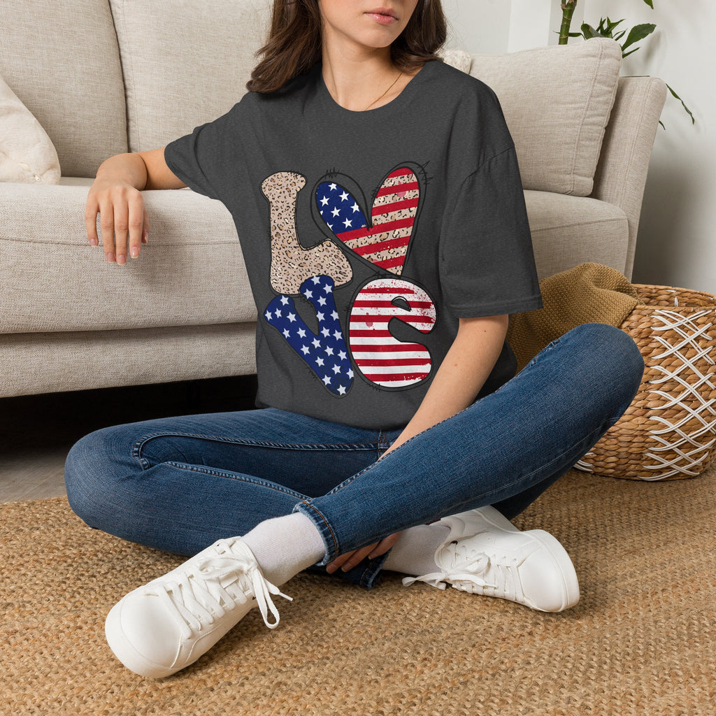 Patriotic LOVE Heart T-Shirt — American Flag & Leopard Print Graphic