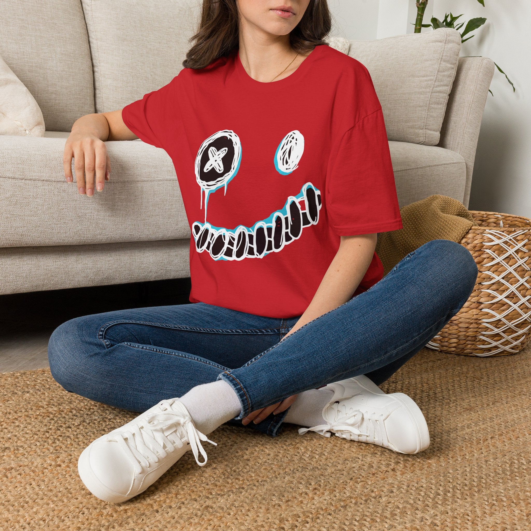 Smiley Face Graphic T‑Shirt — Neon Sketch Grin Design