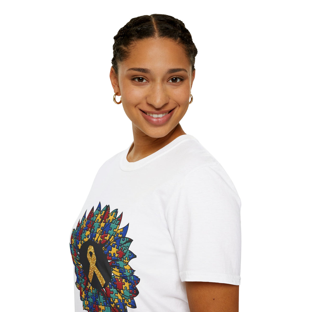 Autism Awareness Puzzle Sunflower T-Shirt – Gold Ribbon Support Tee
