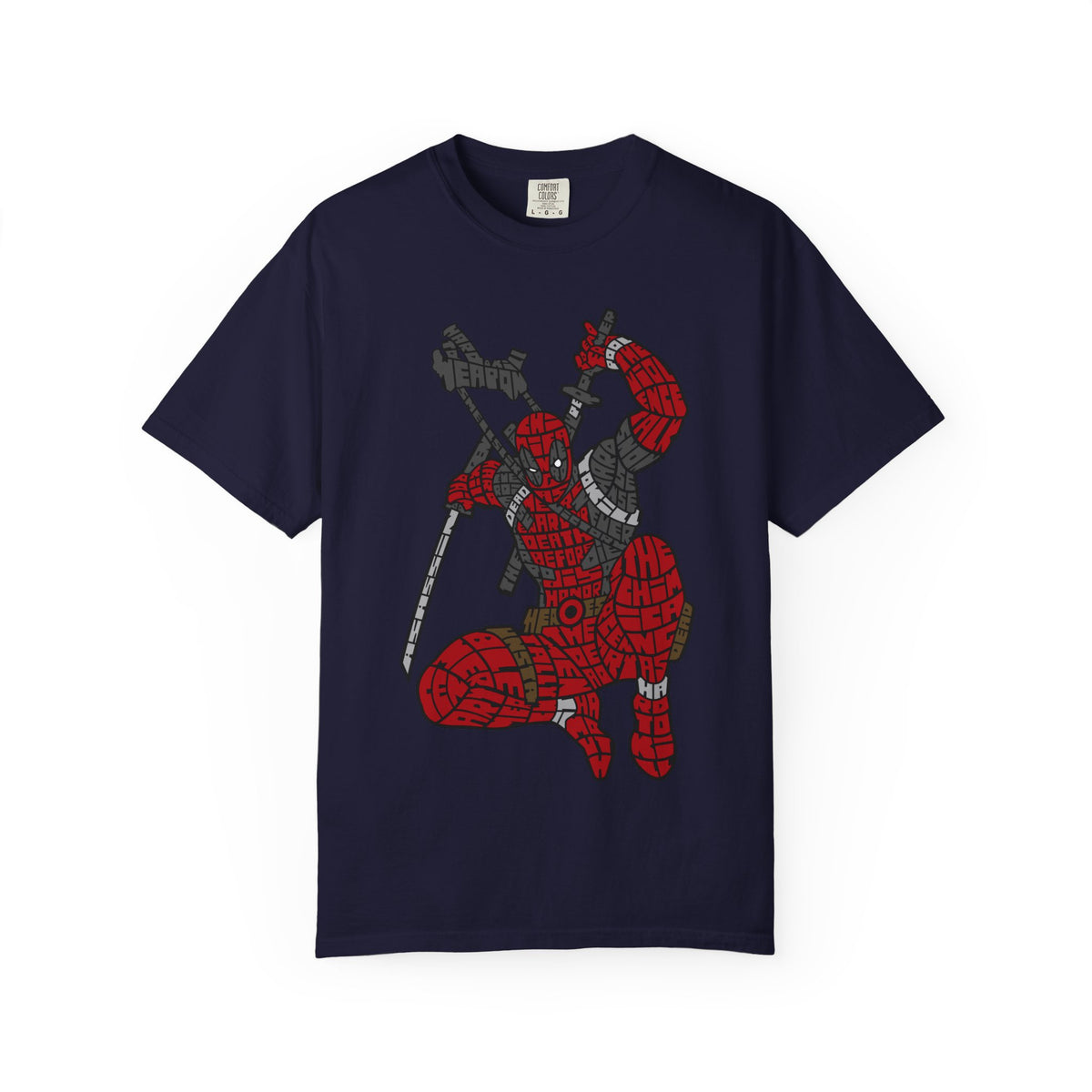Graphic T-Shirt — Red Webbed Superhero Kneeling Illustration