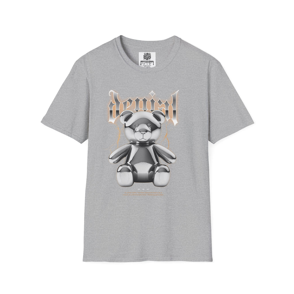 Denial Bear Graphic T-Shirt — Edgy Metallic Teddy Tee
