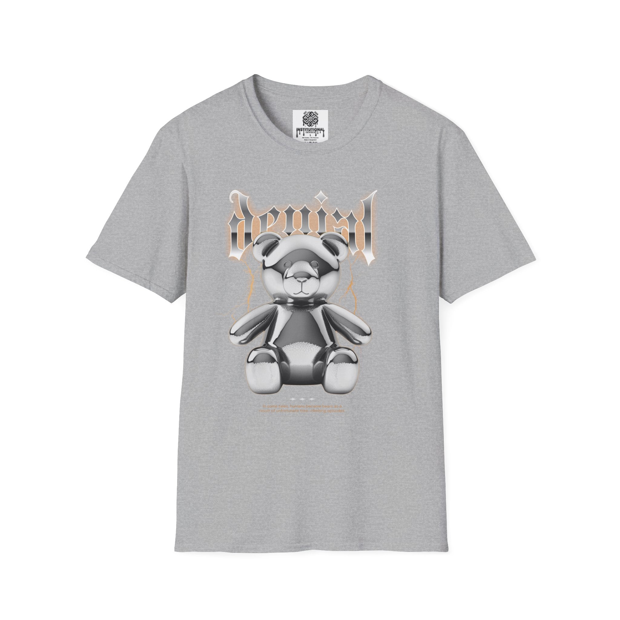 Denial Bear Graphic T-Shirt — Edgy Metallic Teddy Tee