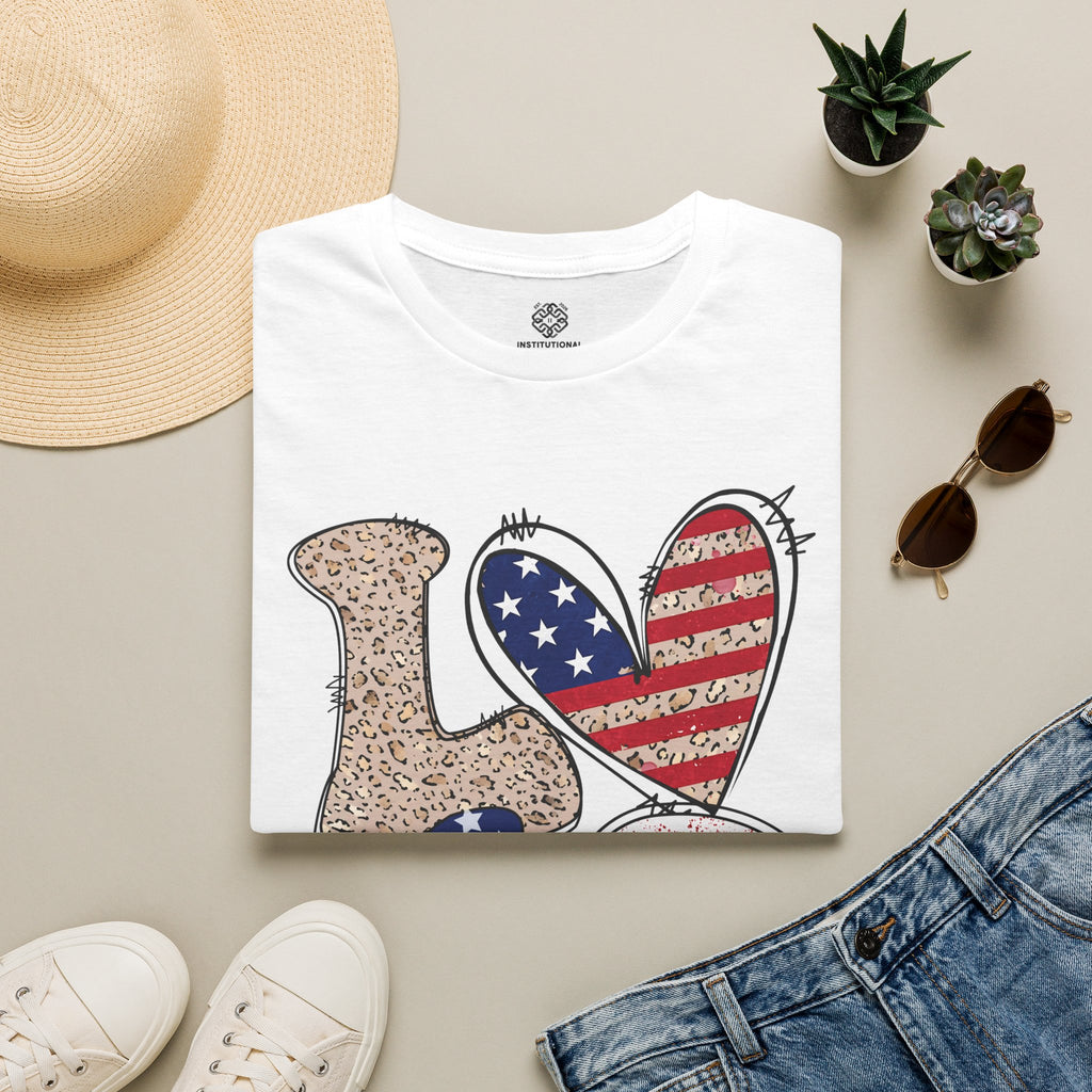 Patriotic LOVE Heart T-Shirt — American Flag & Leopard Print Graphic