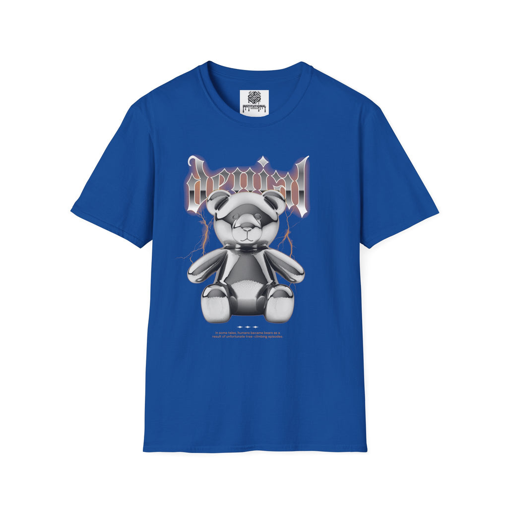 Denial Bear Graphic T-Shirt — Edgy Metallic Teddy Tee