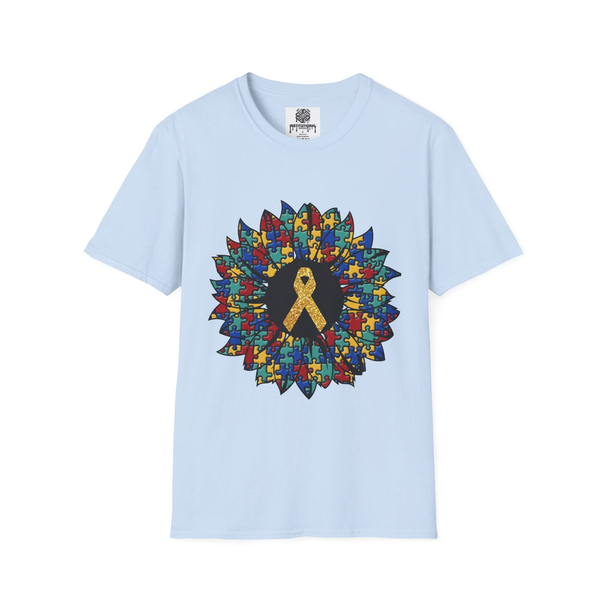 Autism Awareness Puzzle Sunflower T-Shirt – Gold Ribbon Support Tee