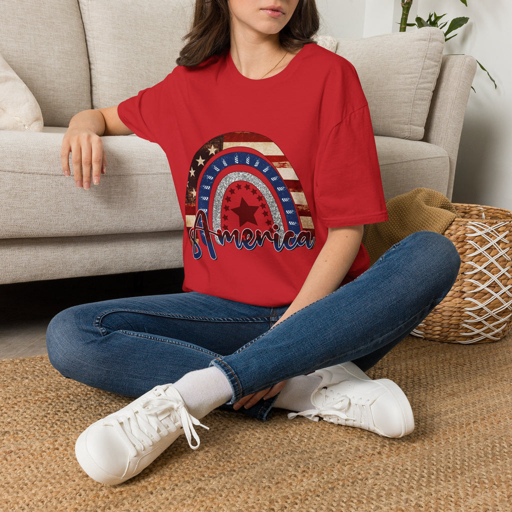 Patriotic American Rainbow T-Shirt — 'America' Stars & Stripes Graphic