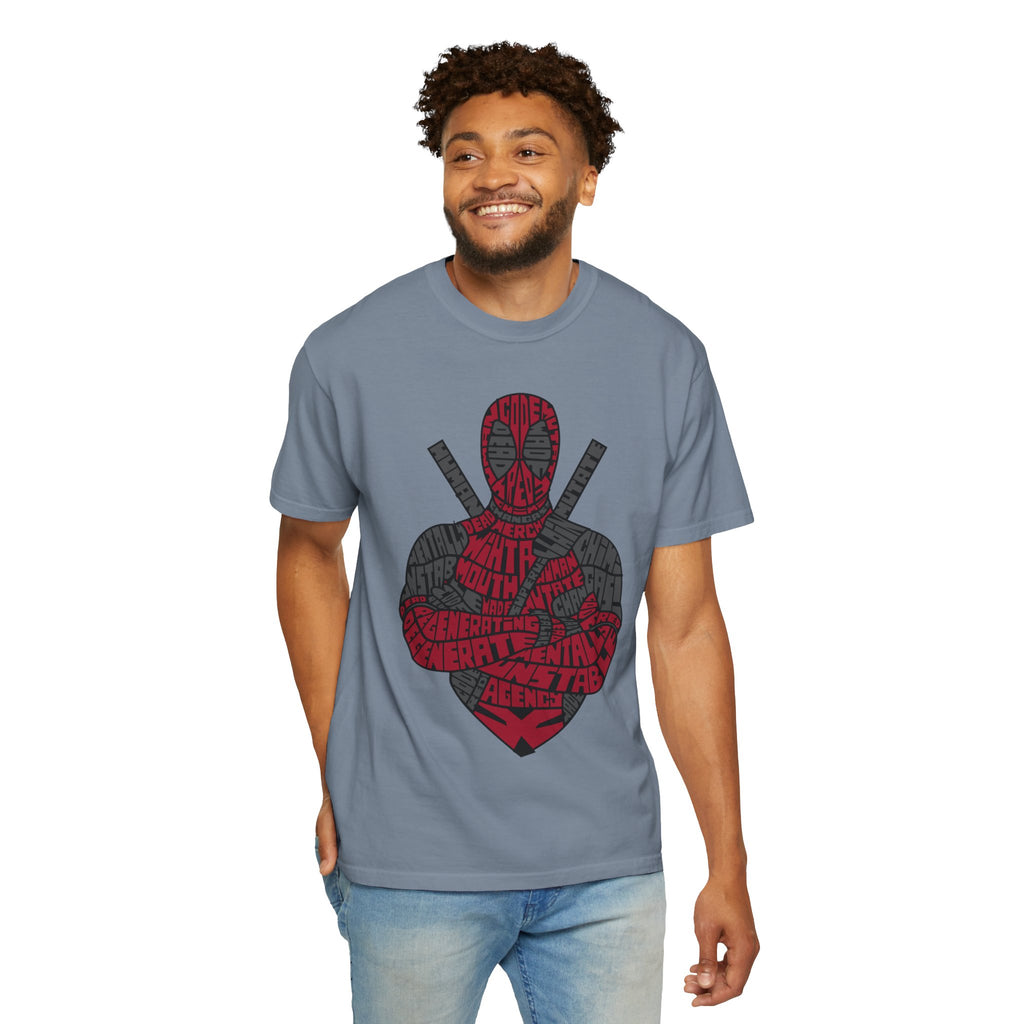 Graphic T-Shirt — Red Text Portrait Superhero Design