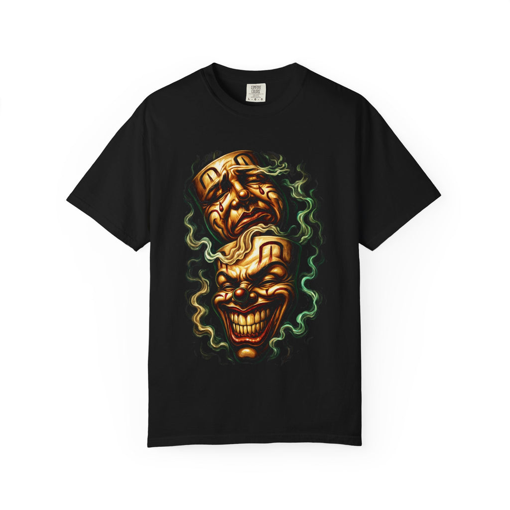Horror Comedy Mask T-Shirt — Twin Smiling & Crying Faces Graphic Tee