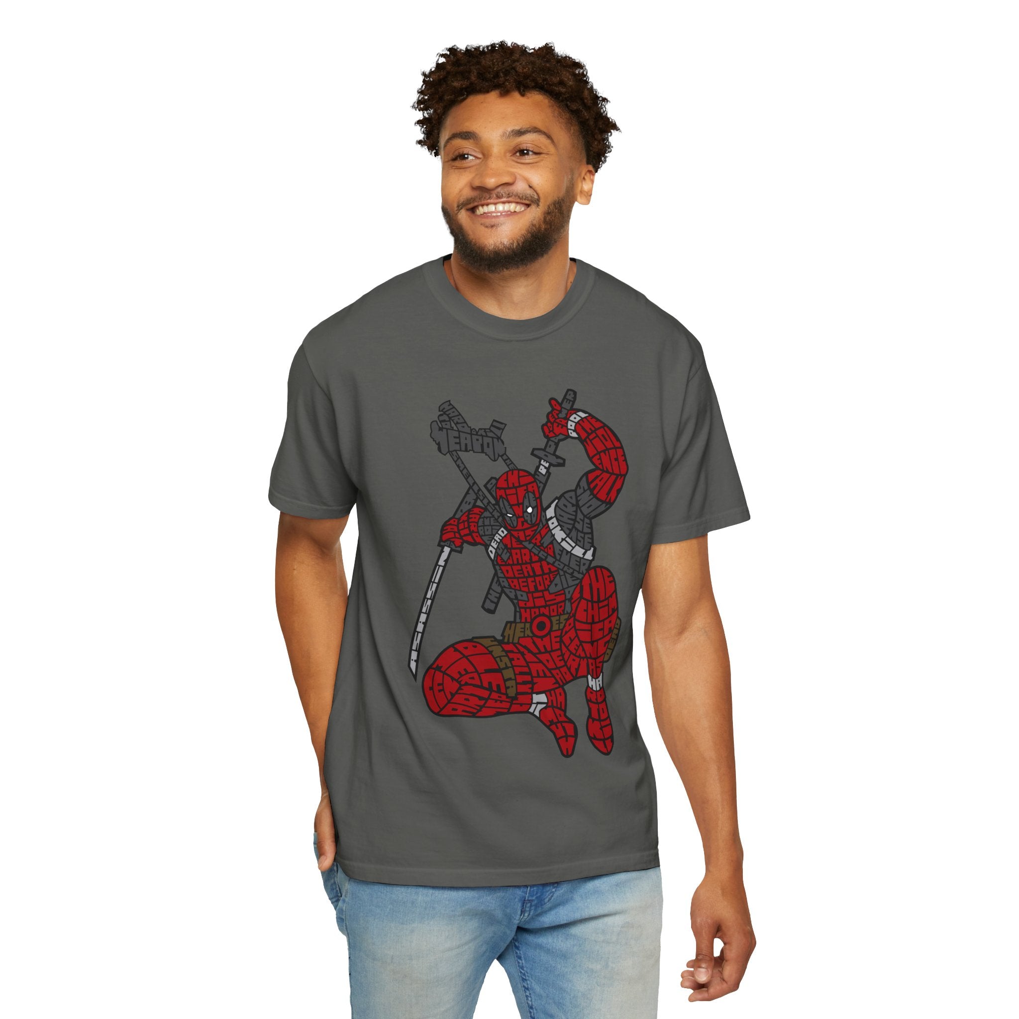 Graphic T-Shirt — Red Webbed Superhero Kneeling Illustration