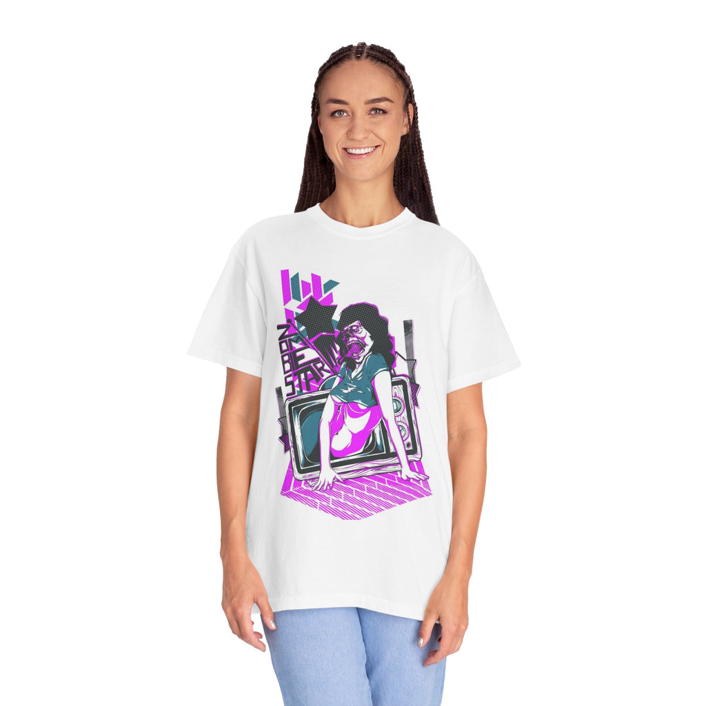 Retro Vaporwave Tee — Neon TV Pinup Graphic T-Shirt