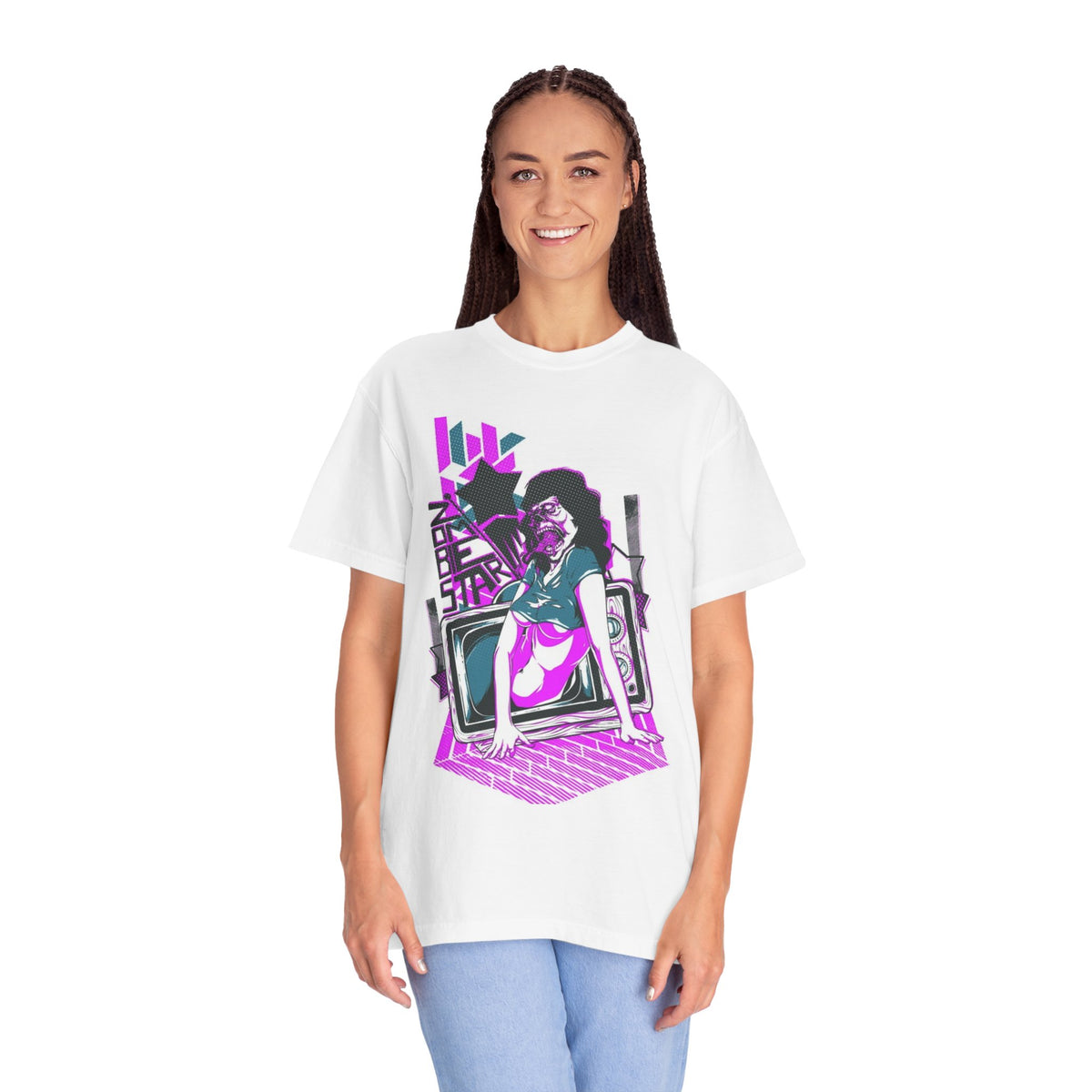 Retro Vaporwave Tee — Neon TV Pinup Graphic T-Shirt