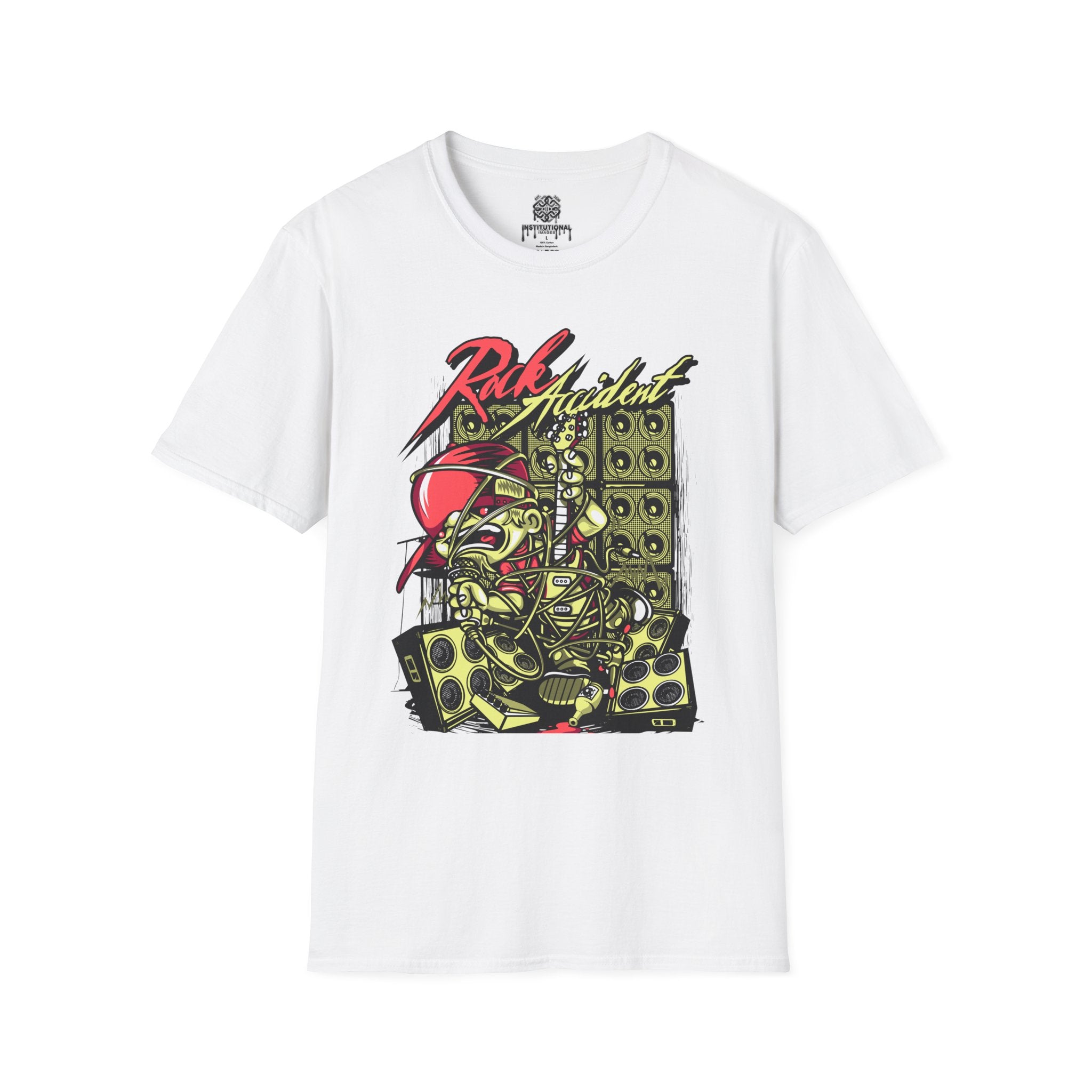 Rock Accident Graphic Tee — Retro Skull & Speakers Band Shirt