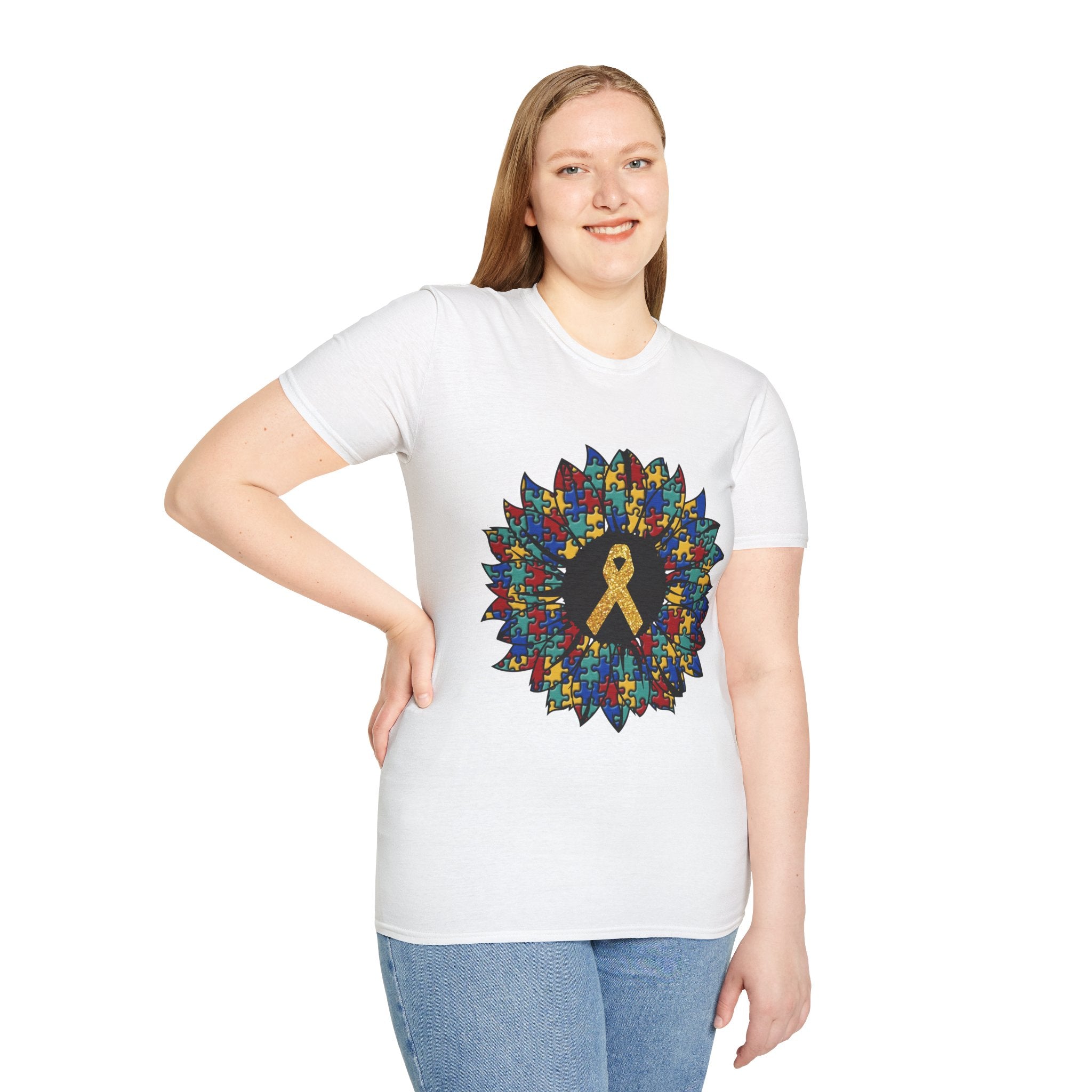 Autism Awareness Puzzle Sunflower T-Shirt – Gold Ribbon Support Tee