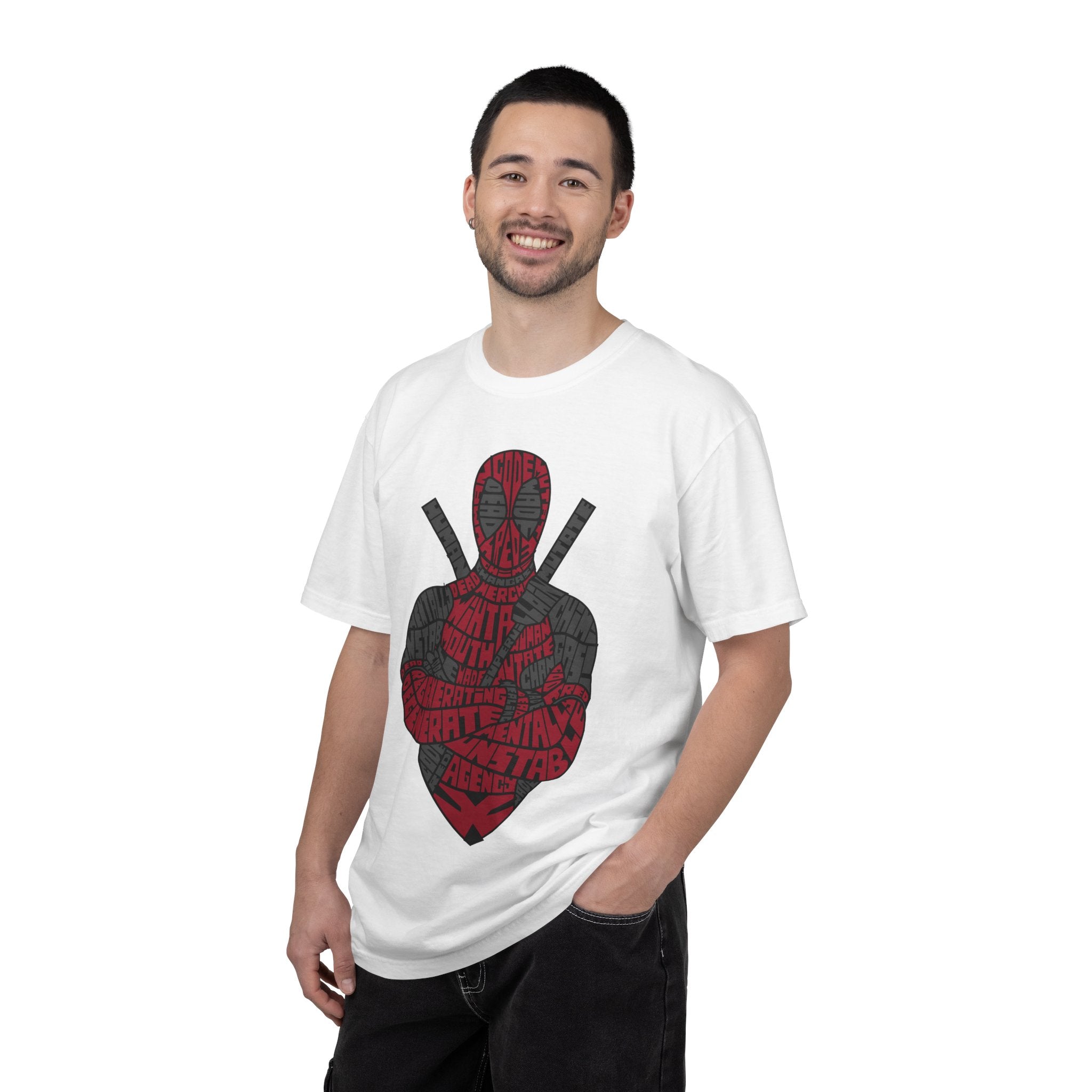Graphic T-Shirt — Red Text Portrait Superhero Design