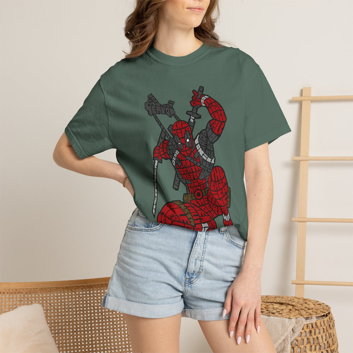 Graphic T-Shirt — Red Webbed Superhero Kneeling Illustration