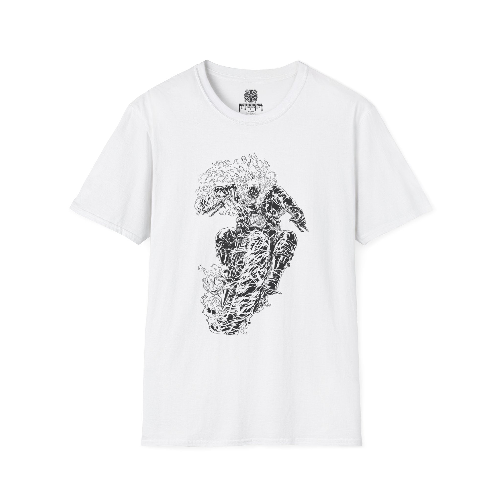 T-Shirt — Black & White Flame Skeleton Rider Graphic Tee