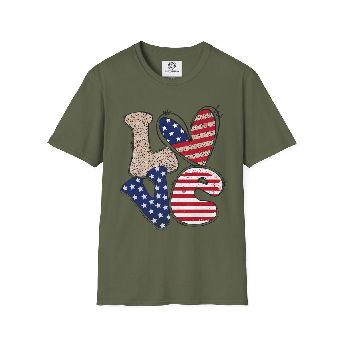 Patriotic LOVE Heart T-Shirt — American Flag & Leopard Print Graphic