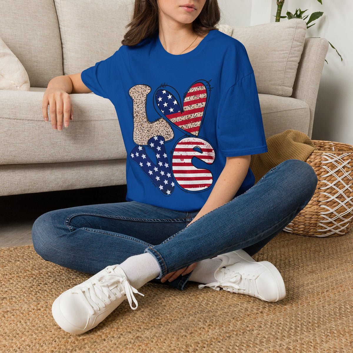 Patriotic LOVE Heart T-Shirt — American Flag & Leopard Print Graphic