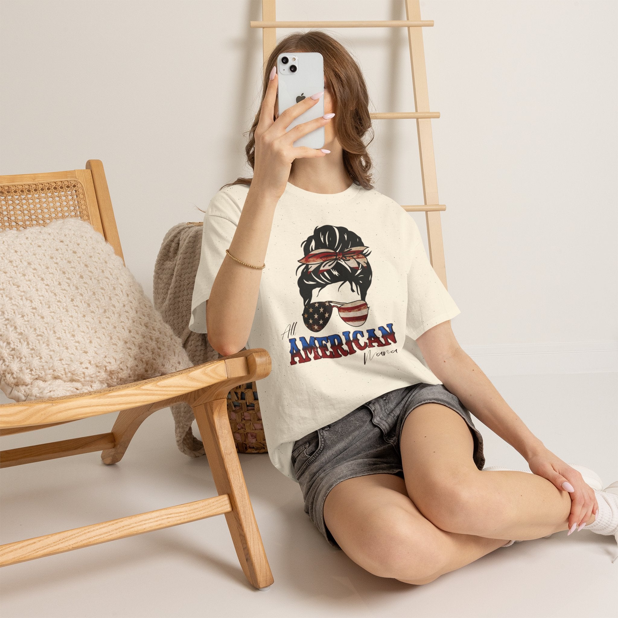 American Flag Messy Bun T-Shirt — "All American" Patriotic Tee