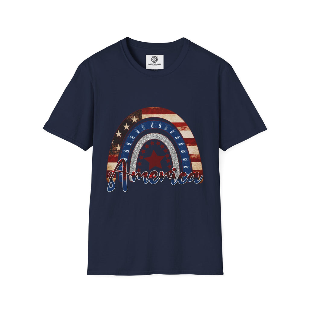 Patriotic American Rainbow T-Shirt — 'America' Stars & Stripes Graphic