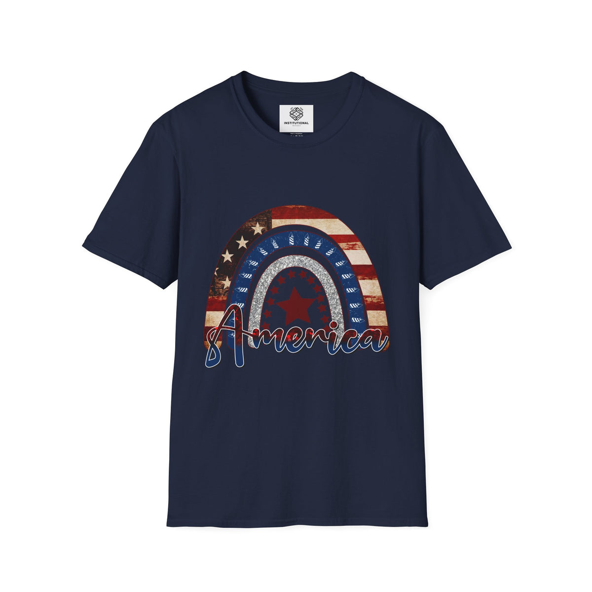 Patriotic American Rainbow T-Shirt — 'America' Stars & Stripes Graphic