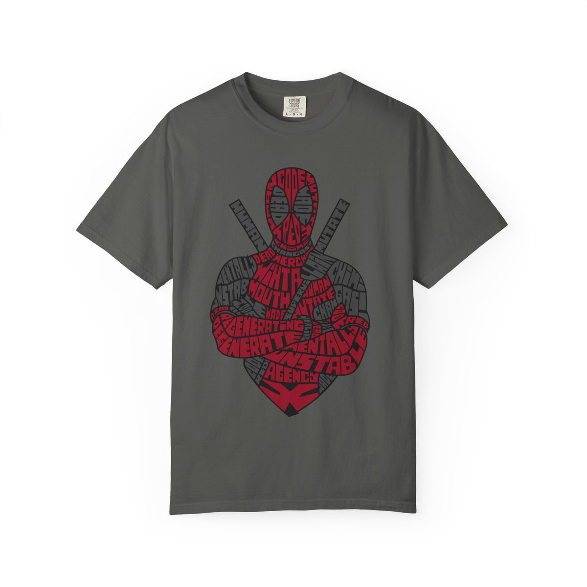 Graphic T-Shirt — Red Text Portrait Superhero Design