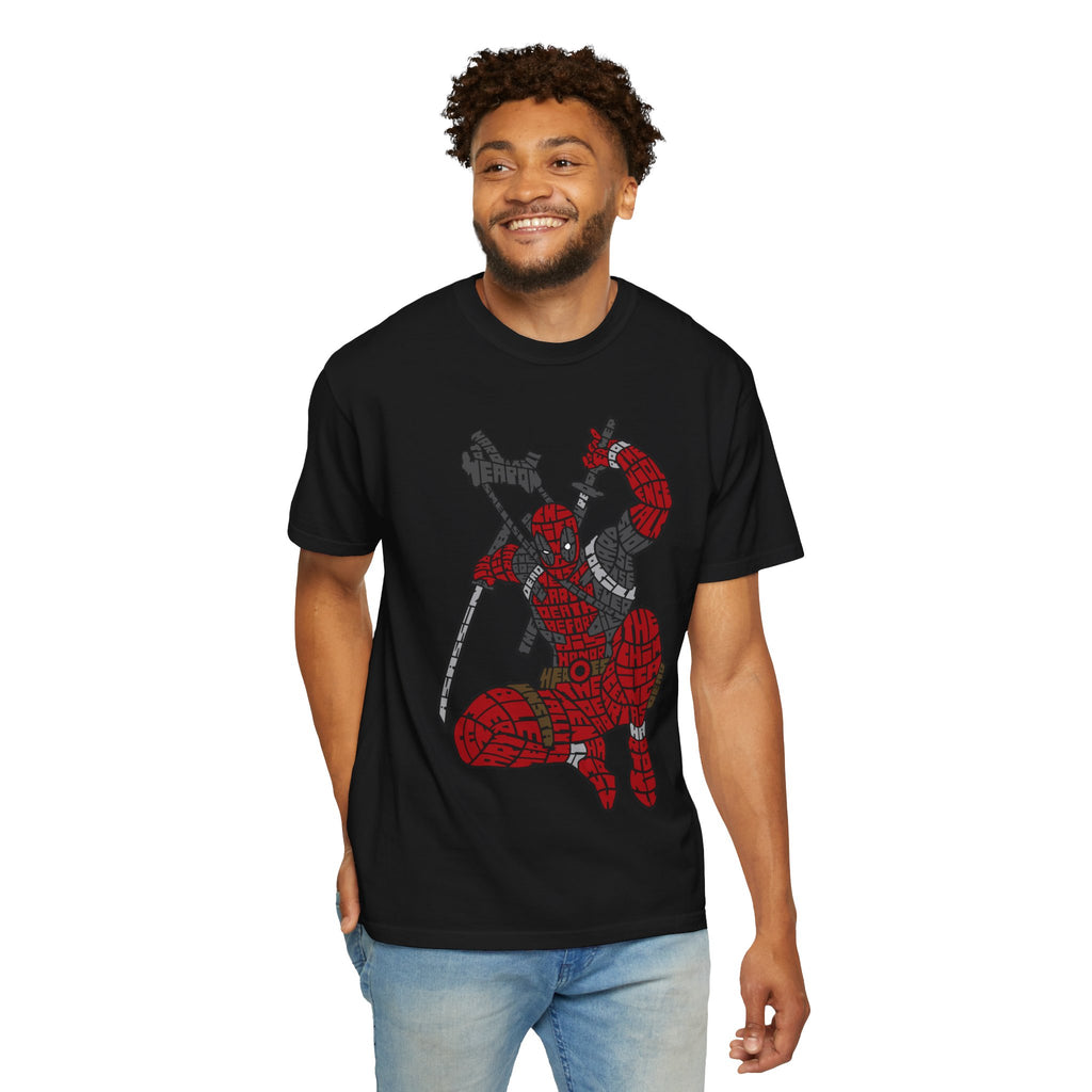 Graphic T-Shirt — Red Webbed Superhero Kneeling Illustration