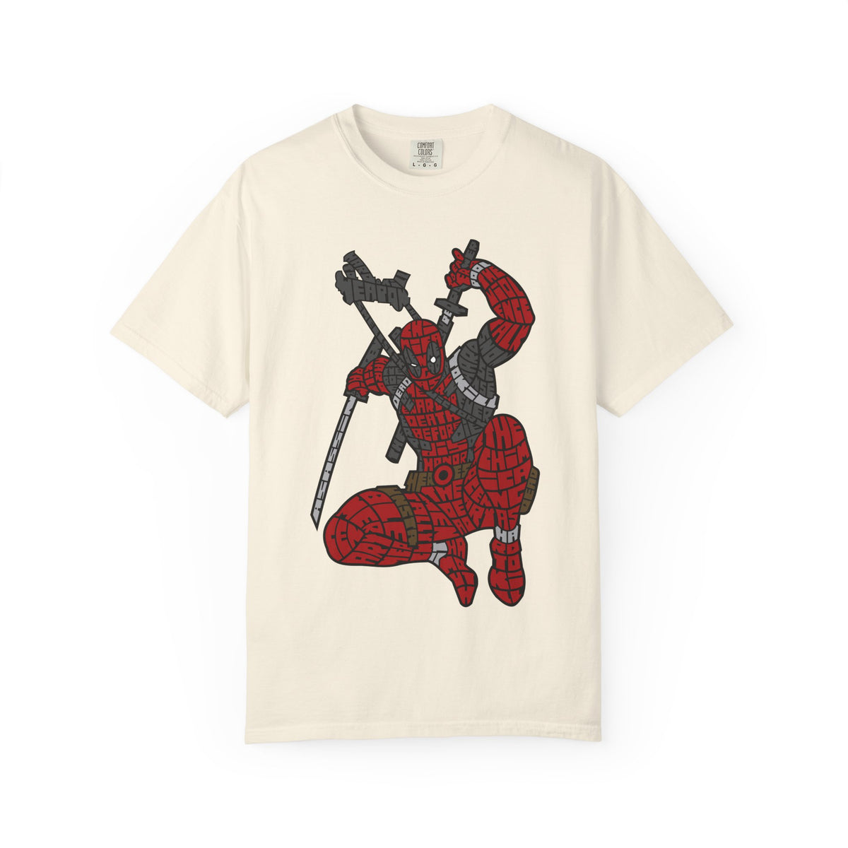 Graphic T-Shirt — Red Webbed Superhero Kneeling Illustration
