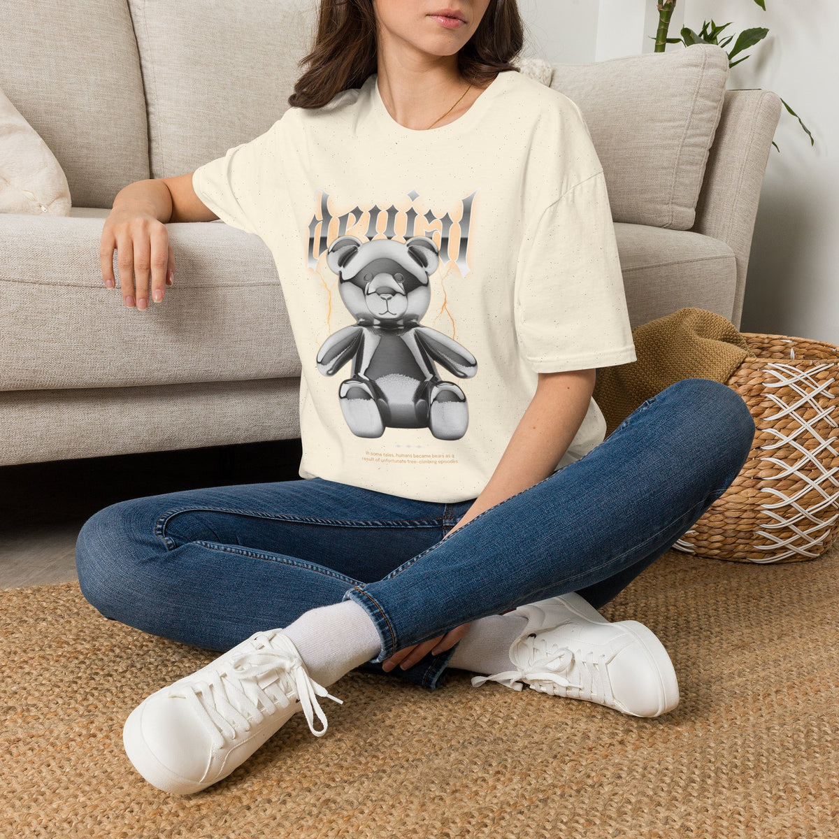 Denial Bear Graphic T-Shirt — Edgy Metallic Teddy Tee