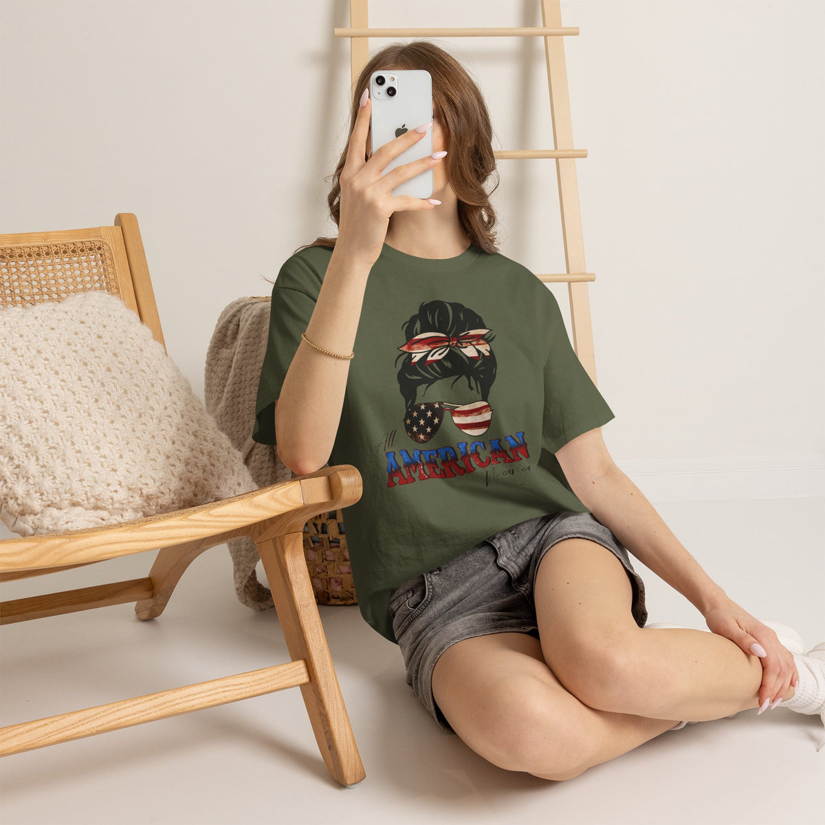 American Flag Messy Bun T-Shirt — "All American" Patriotic Tee