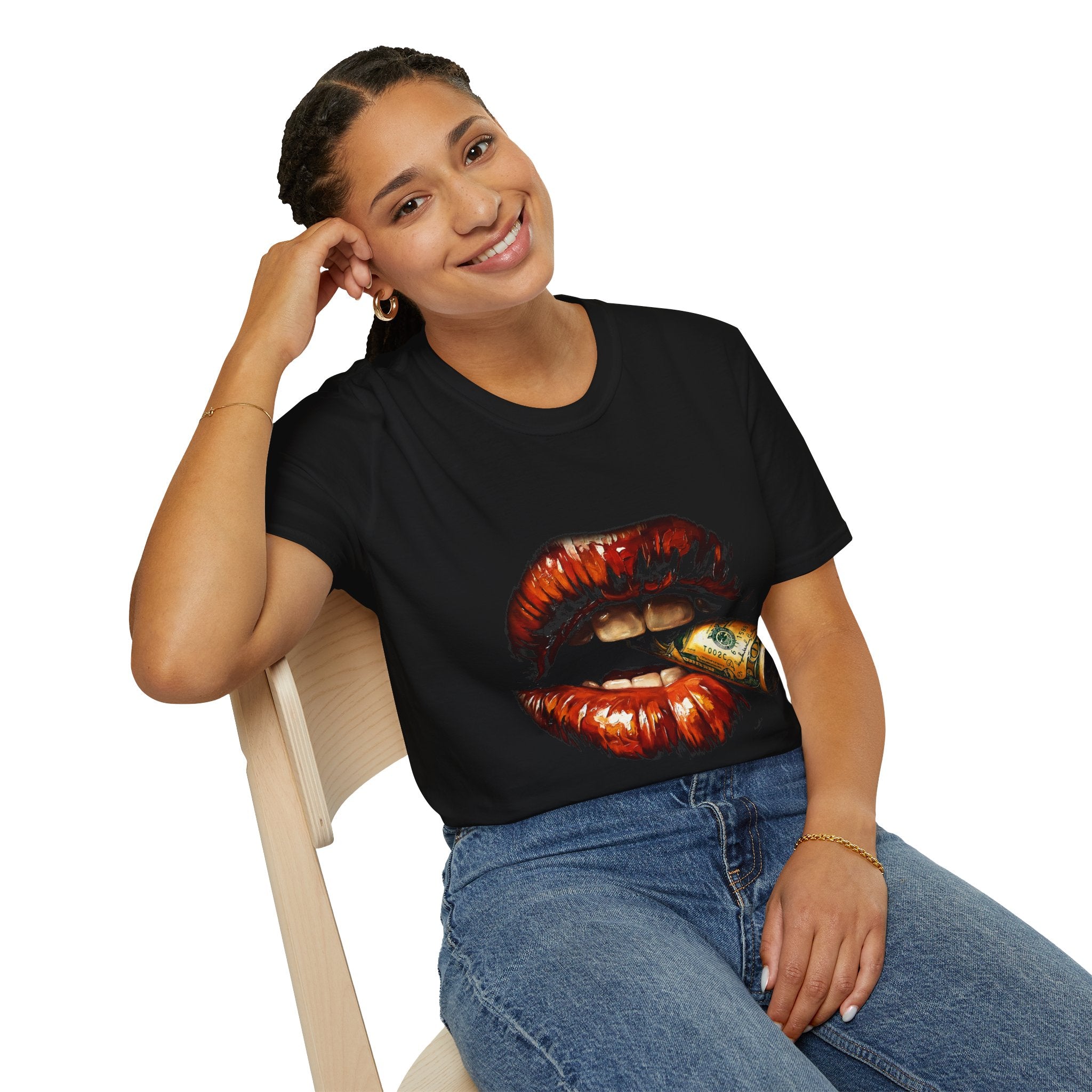 Bullet Lip Graphic T‑Shirt — Red Glossy Lips Biting Bullet Streetwear Tee
