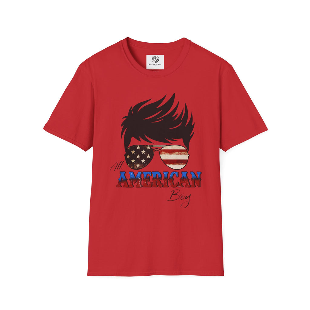 American Boy Graphic T-Shirt — Patriotic Sunglasses & Flag Hair Tee