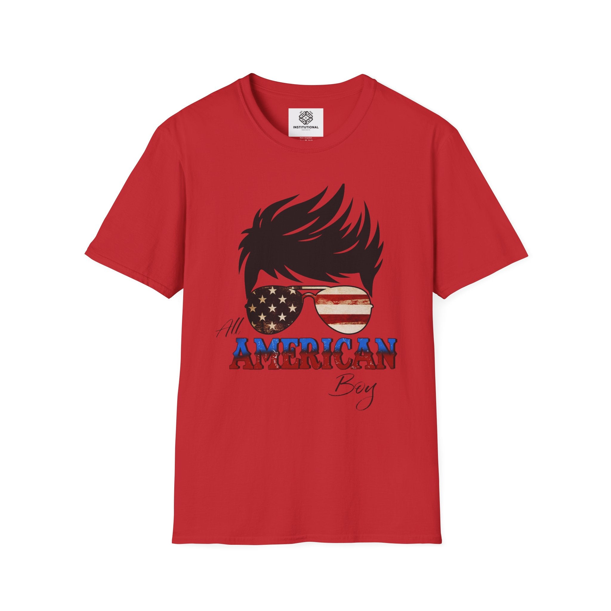 American Boy Graphic T-Shirt — Patriotic Sunglasses & Flag Hair Tee