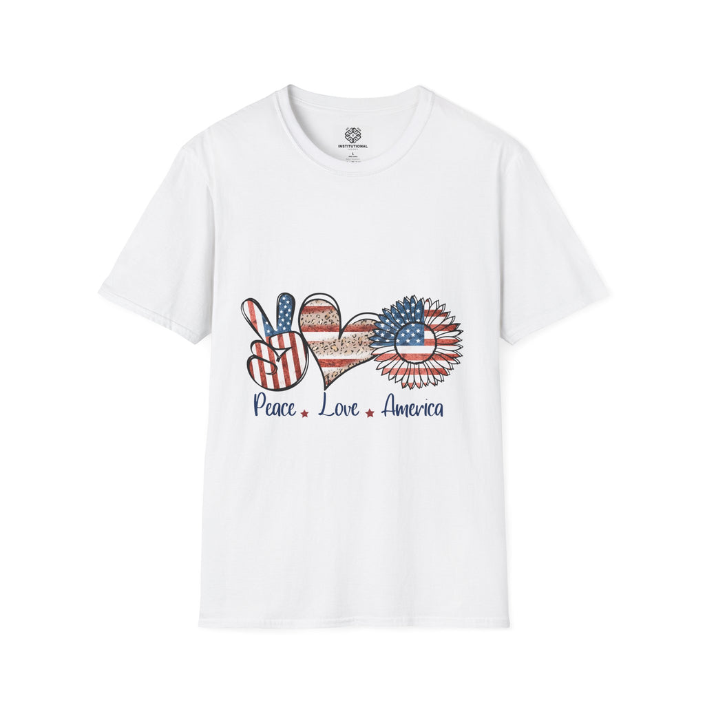 Peace Love America T-Shirt — Patriotic Peace Sign, Heart & Sunflower Graphic