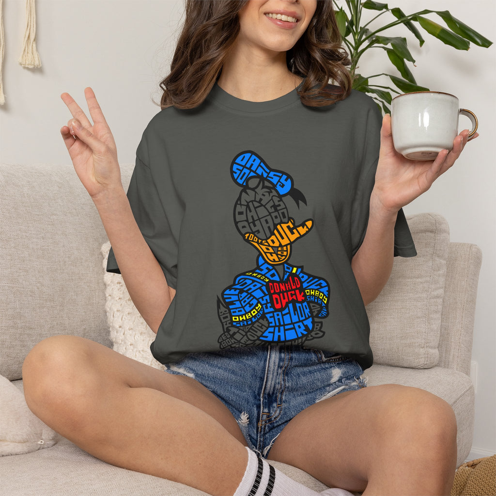Graphic T‑Shirt — Colorblock Word Art Cartoon Duck Design