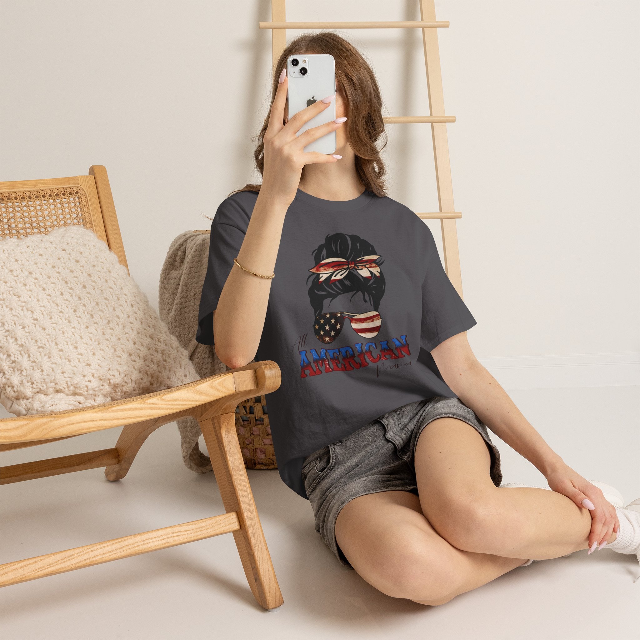 American Flag Messy Bun T-Shirt — "All American" Patriotic Tee
