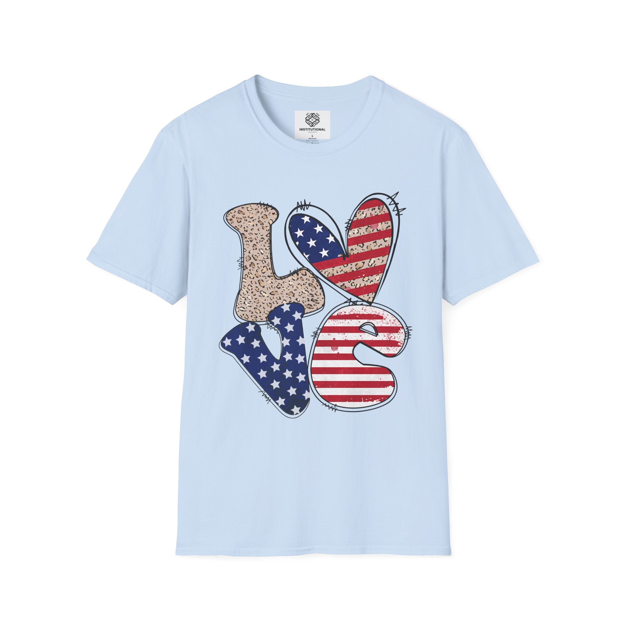 Patriotic LOVE Heart T-Shirt — American Flag & Leopard Print Graphic