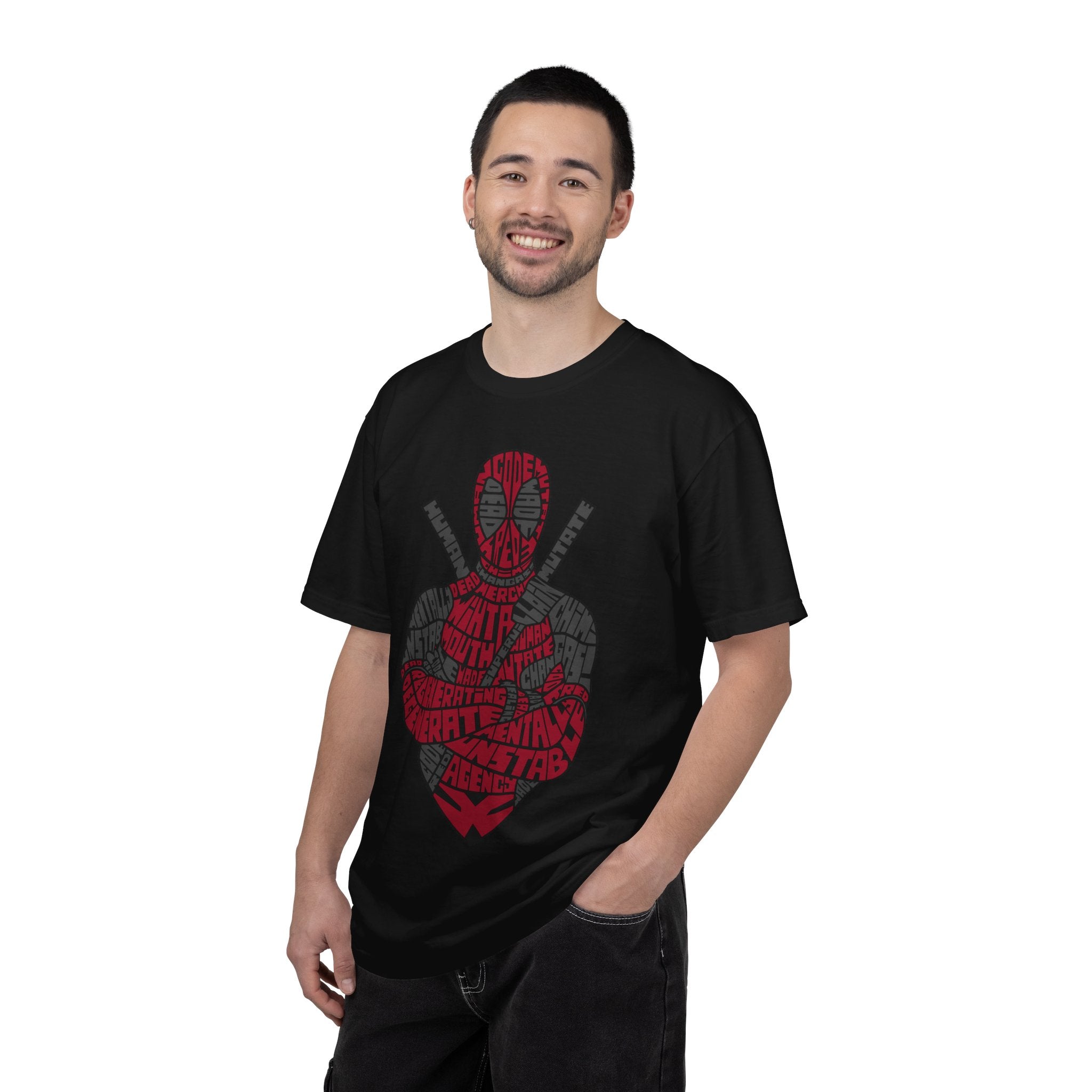 Graphic T-Shirt — Red Text Portrait Superhero Design