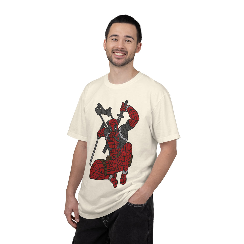 Graphic T-Shirt — Red Webbed Superhero Kneeling Illustration