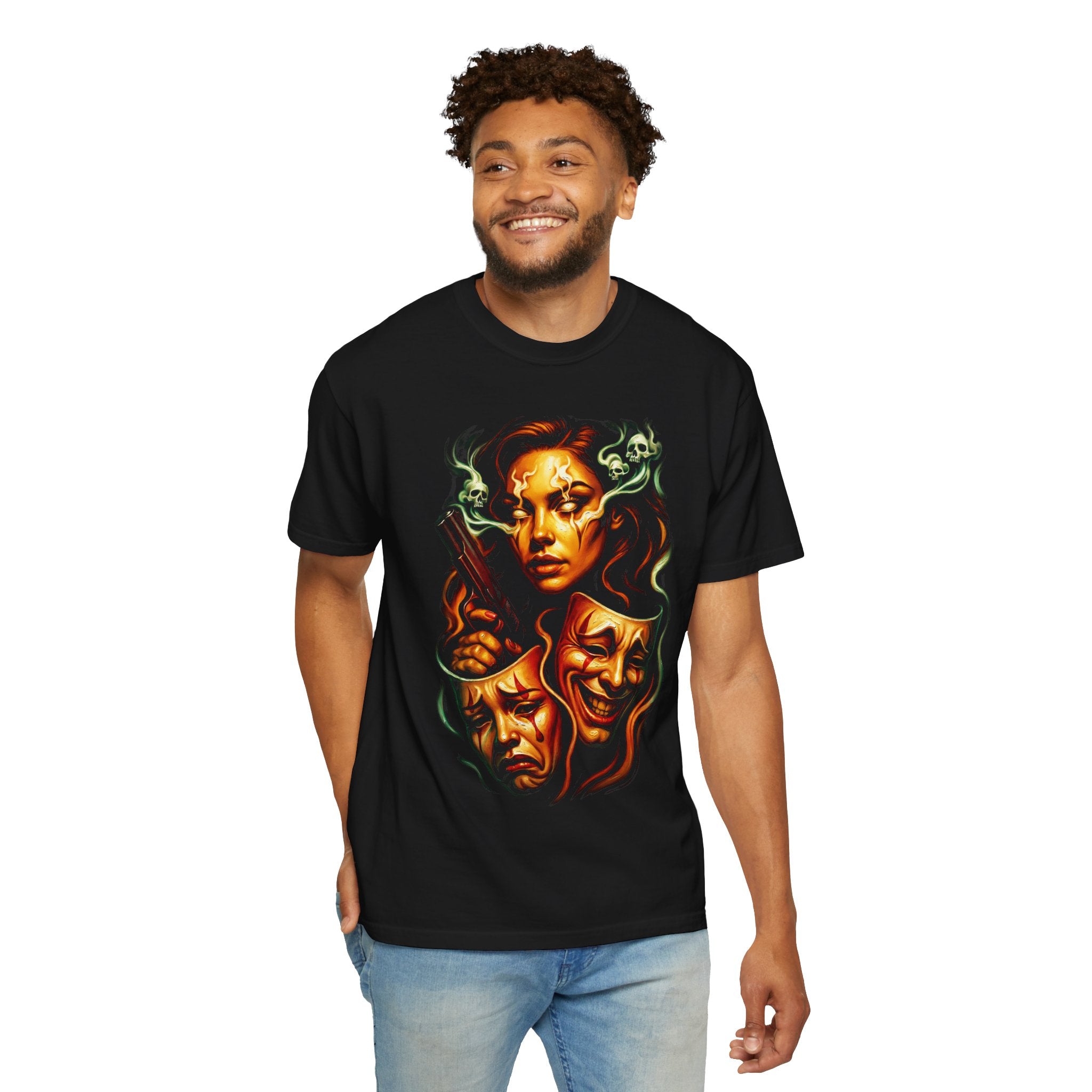 Theatrical Skull & Masks T-Shirt — Gothic Drama Graphic Tee