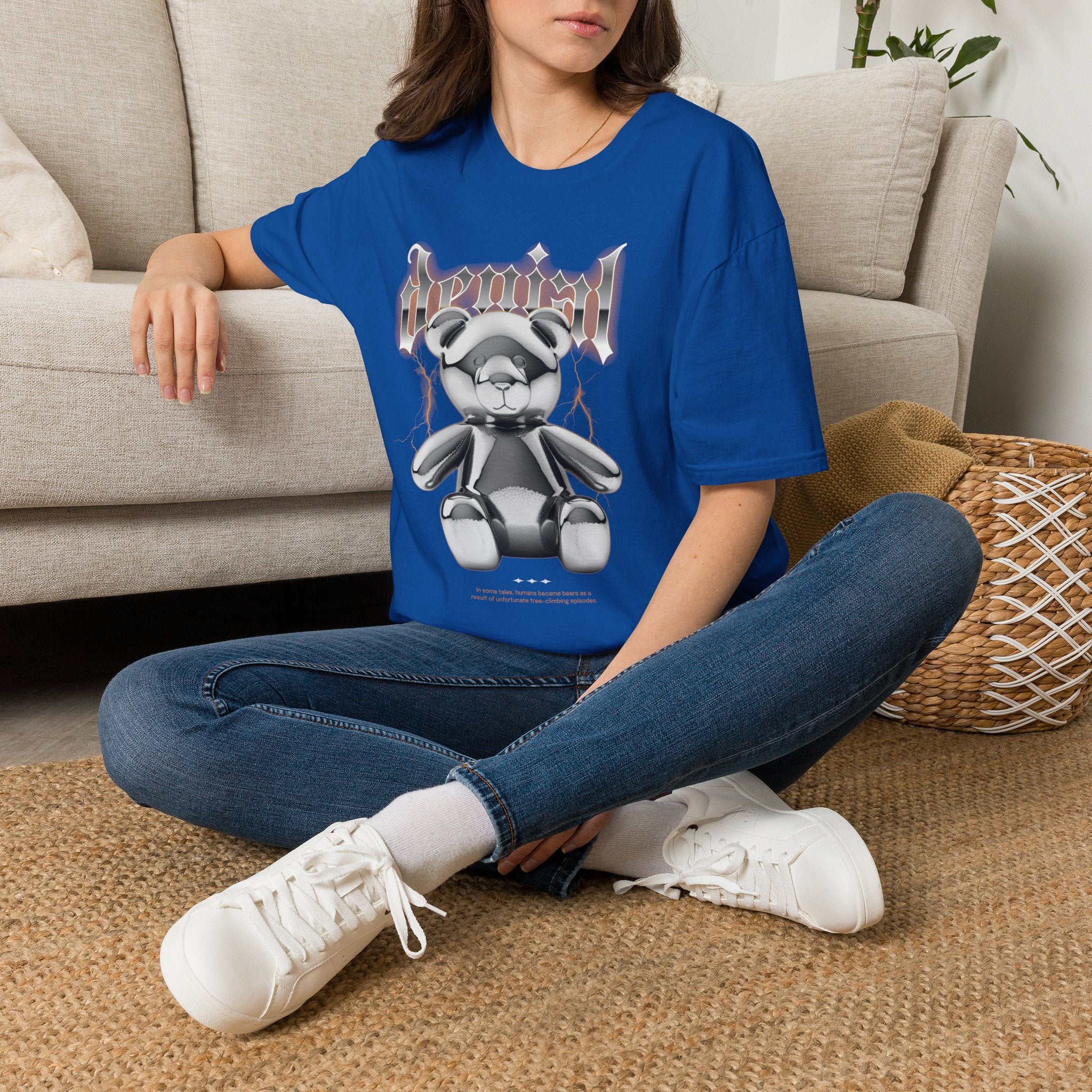 Denial Bear Graphic T-Shirt — Edgy Metallic Teddy Tee