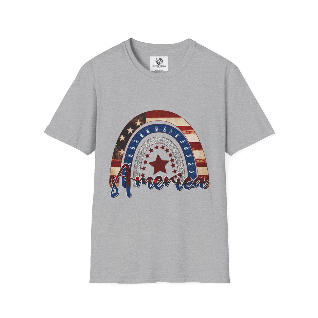 Patriotic American Rainbow T-Shirt — 'America' Stars & Stripes Graphic