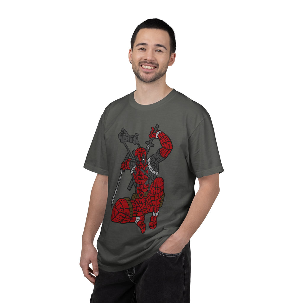 Graphic T-Shirt — Red Webbed Superhero Kneeling Illustration