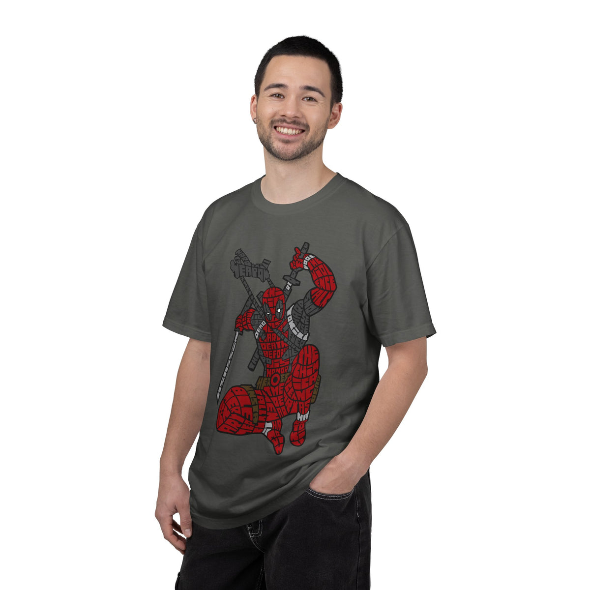 Graphic T-Shirt — Red Webbed Superhero Kneeling Illustration
